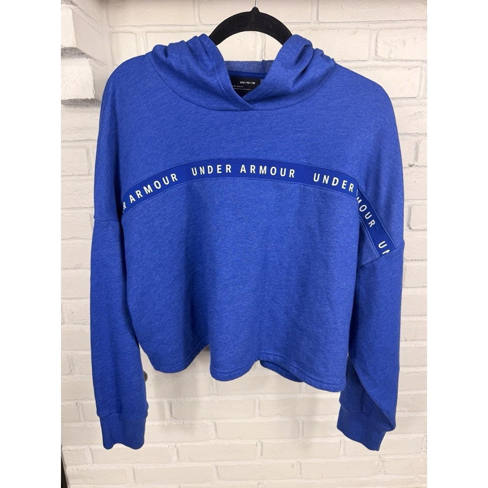 Under Armour Womens Blue Fleece Crop Hoodie Sweatshirt Logo Medium M Loose